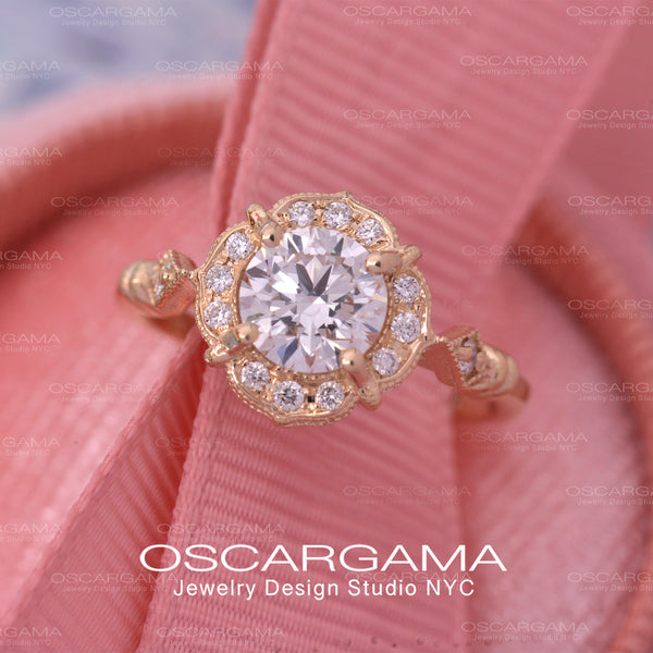 Lyzzy vintage inspired round engagement ring in yellow gold