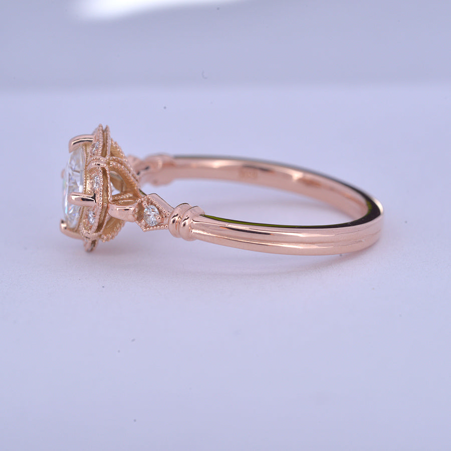 vintage cushion halo engagement ring in rose gold side view