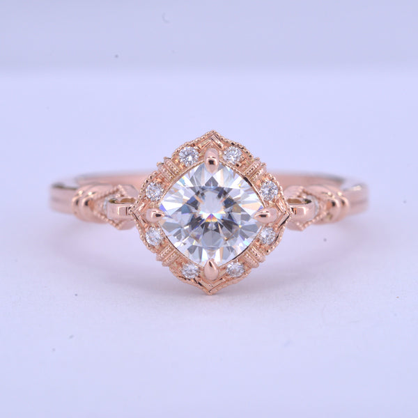 vintage cushion halo engagement ring in rose gold front view
