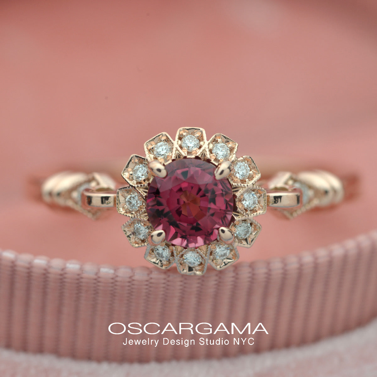 round halo vintage inspired look with a round red garnet center stone