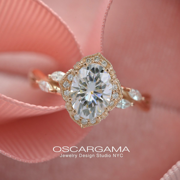 Engagement ring oval halo vintage look rose gold  twist shank