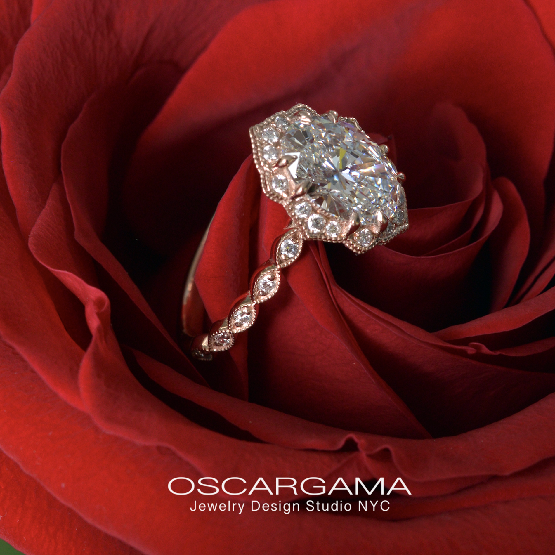 oval halo vintage inspired lab grown diamond engagement ring in a red rose