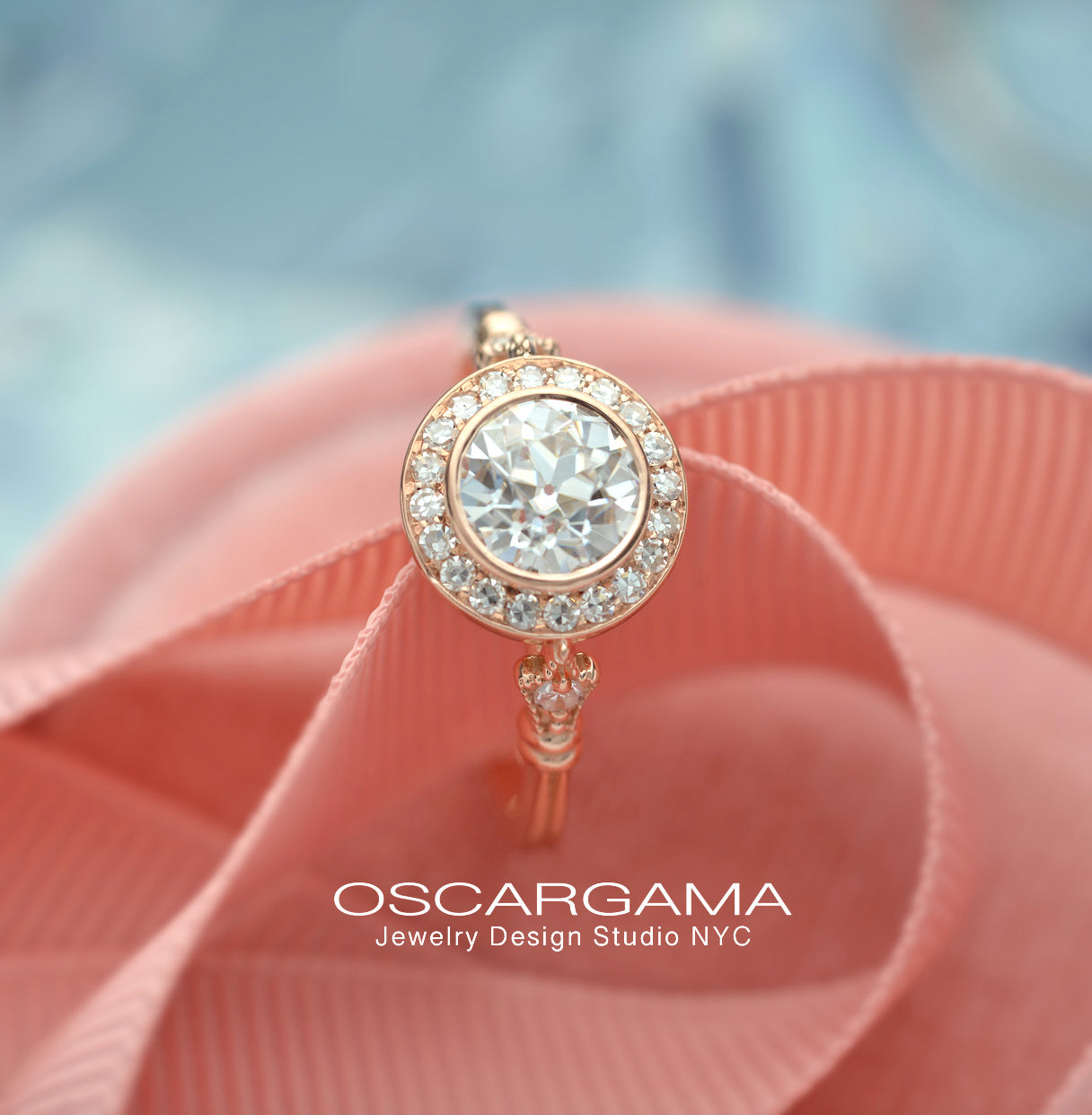 round bezel halo vintage look engagement ring in rose gold