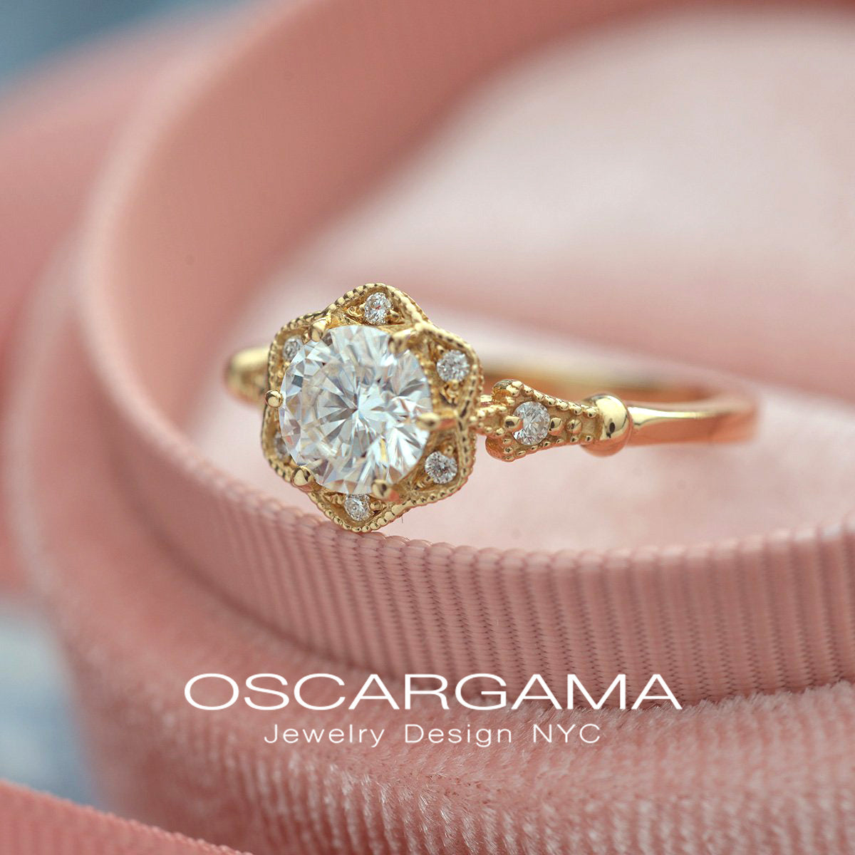 Daisy Round Halo Engagement Ring Vintage Inspired Style Bridal Set Natural Diamond GIA .30ct / 14kt Yellow Gold / Sizes 4-9 Message US Your Size