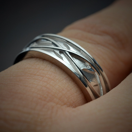 men wedding band crown of thorns white gold on a finger