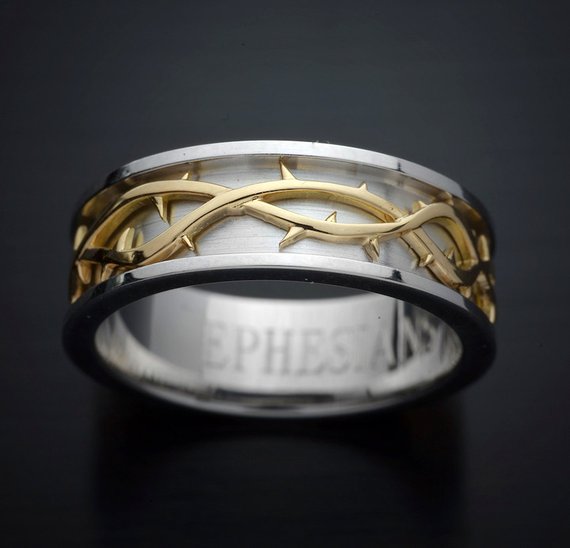 men wedding band two tone crown of thorns yellow and white gold