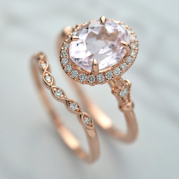 Oval halo pink Morganite engagement ring with band in rose gold vintage inspired
