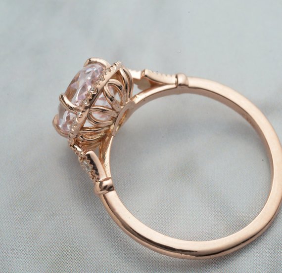 Oval pink Morganite engagement ring halo in rose gold side view