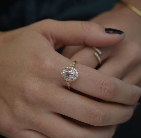 Oval morganite engagement ring halo in rose gold vintage inspired