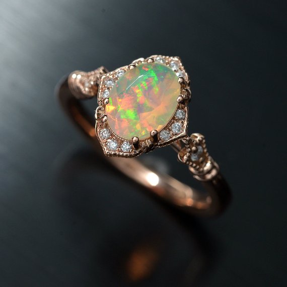 Haydee Fire Opal Halo Engagement Ring Vintage inspired style