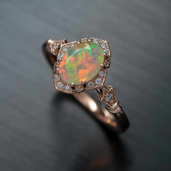 Haydee Fire Opal Halo Engagement Ring Vintage inspired style