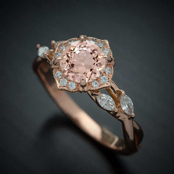 white gold  halo engagement ring twisted band morganite center stone