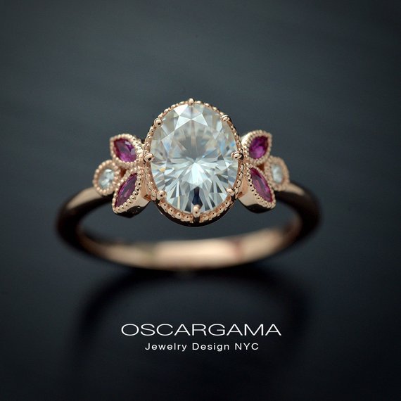 Oval engagement ring with marquise rubies in rose gold vintage inspired