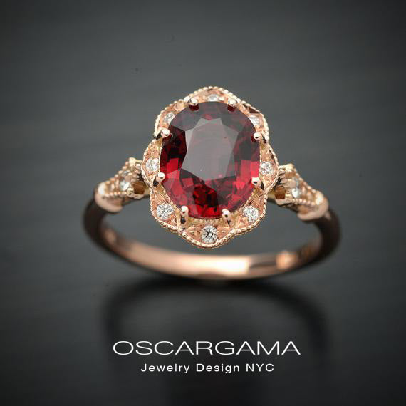 red garnet oval halo rose gold engagement ring vintage look