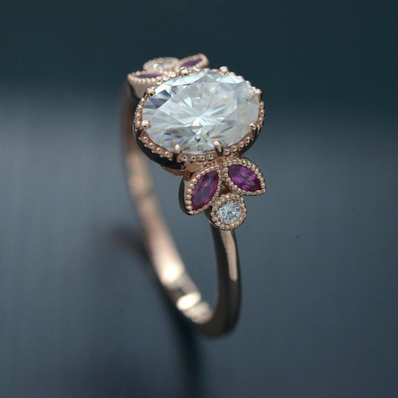 Oval engagement ring with marquise rubies in rose gold vintage inspired
