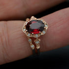 red garnet oval halo rose gold engagement ring set vintage look
