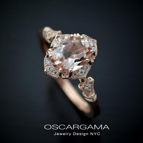 oval halo engagement ring vintage inspired with a morganite in rose gold