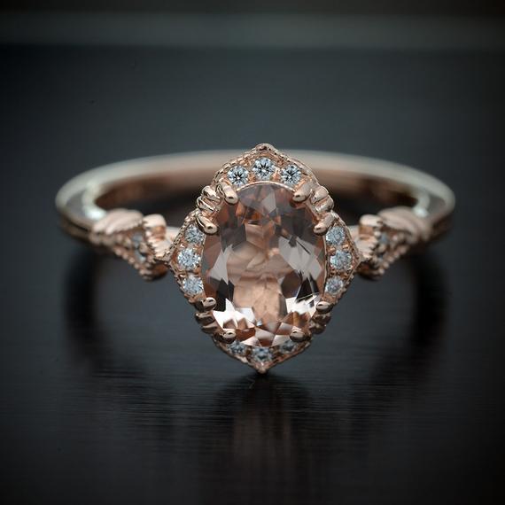 oval halo engagement ring vintage inspired with a morganite in rose gold