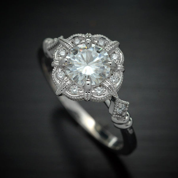 round halo vintage look engagement ring in withe gold