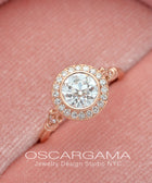 round bezel halo vintage look engagement ring in rose gold