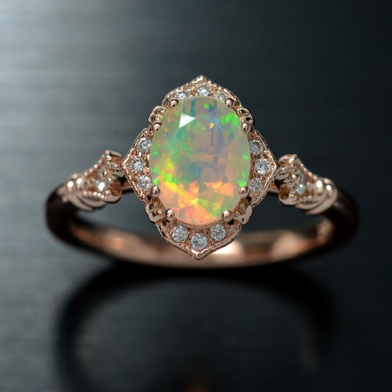 Haydee Fire Opal Halo Engagement Ring Vintage Inspired Style