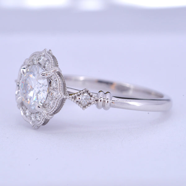 Lyzzy vintage inspired round engagement ring in white gold side view