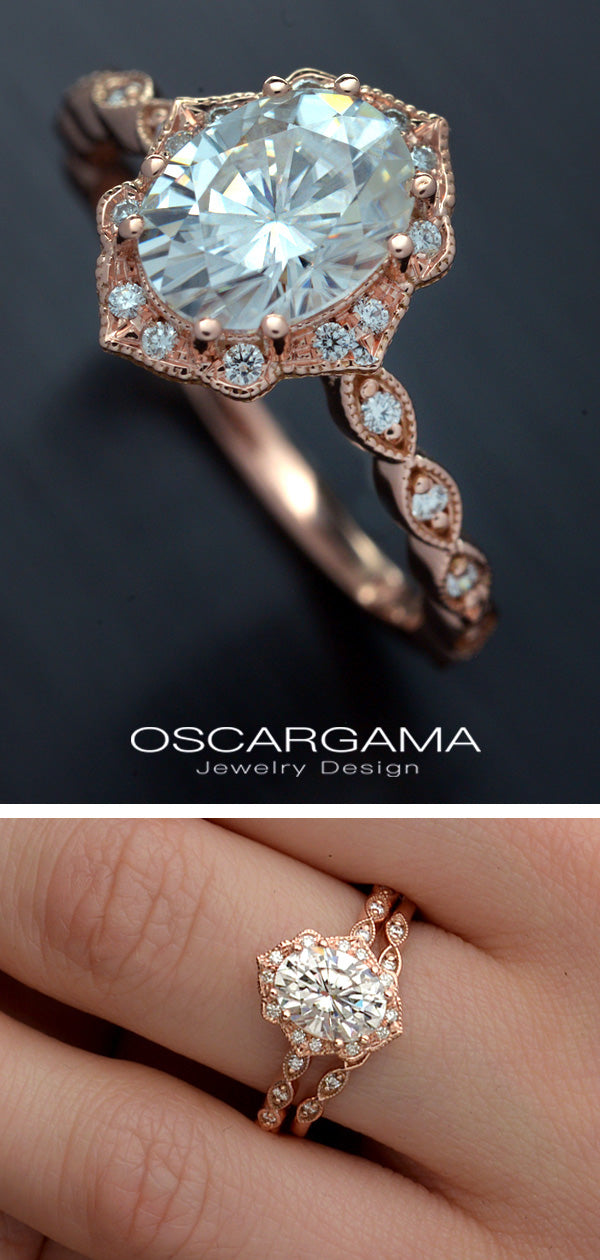 Engagement ring oval halo vintage look rose gold in a hand