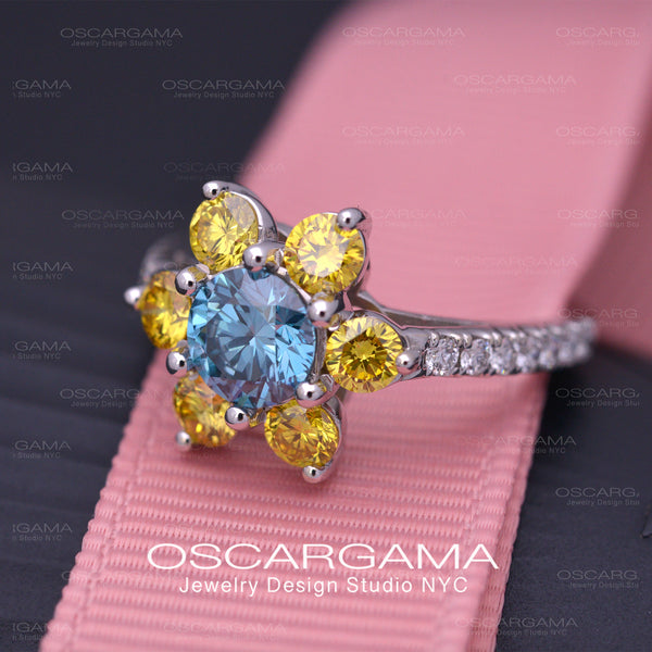 Blue and yellow lab diamonds flower ring