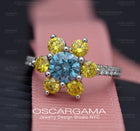 Blue and yellow lab diamonds flower ring