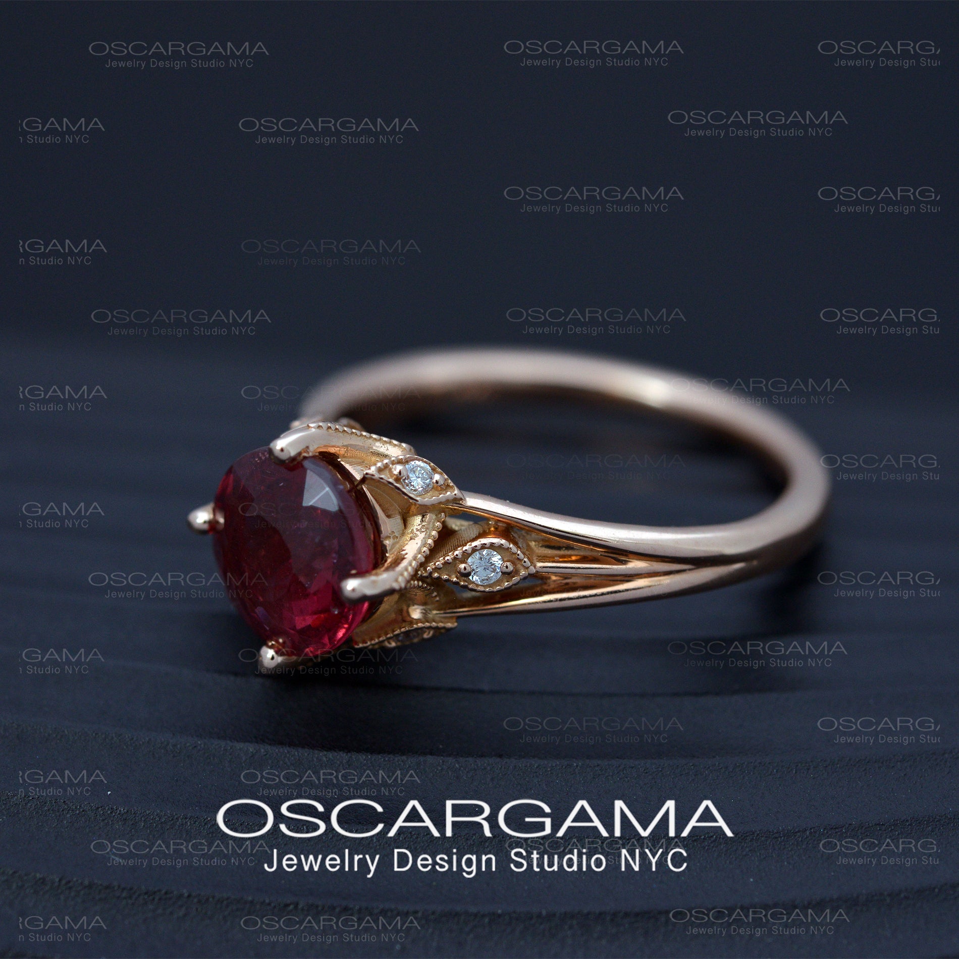 red garnet leaf vine engagement ring in rose gold