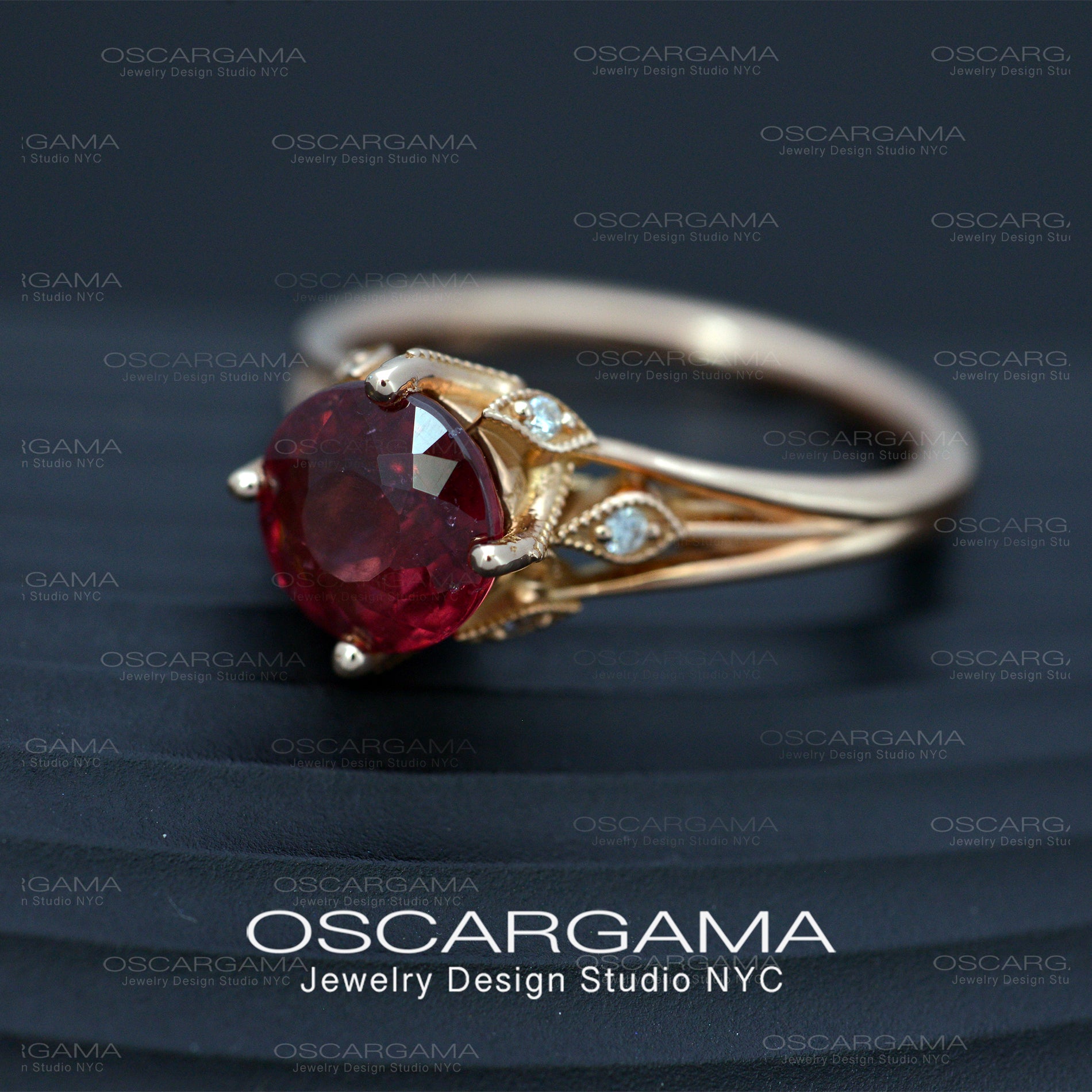 red garnet leaf vine engagement ring in rose gold