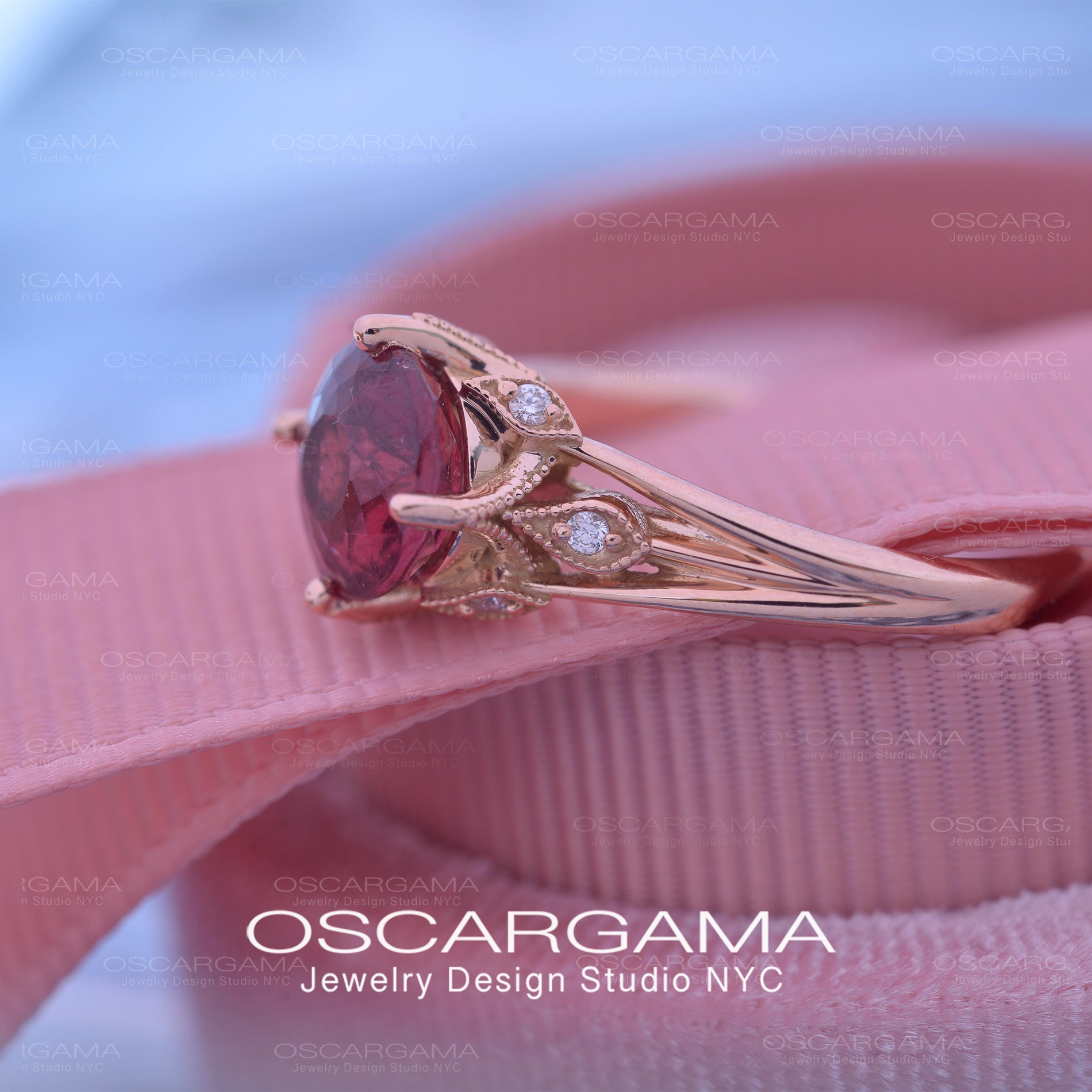 red garnet leaf vine engagement ring in rose gold