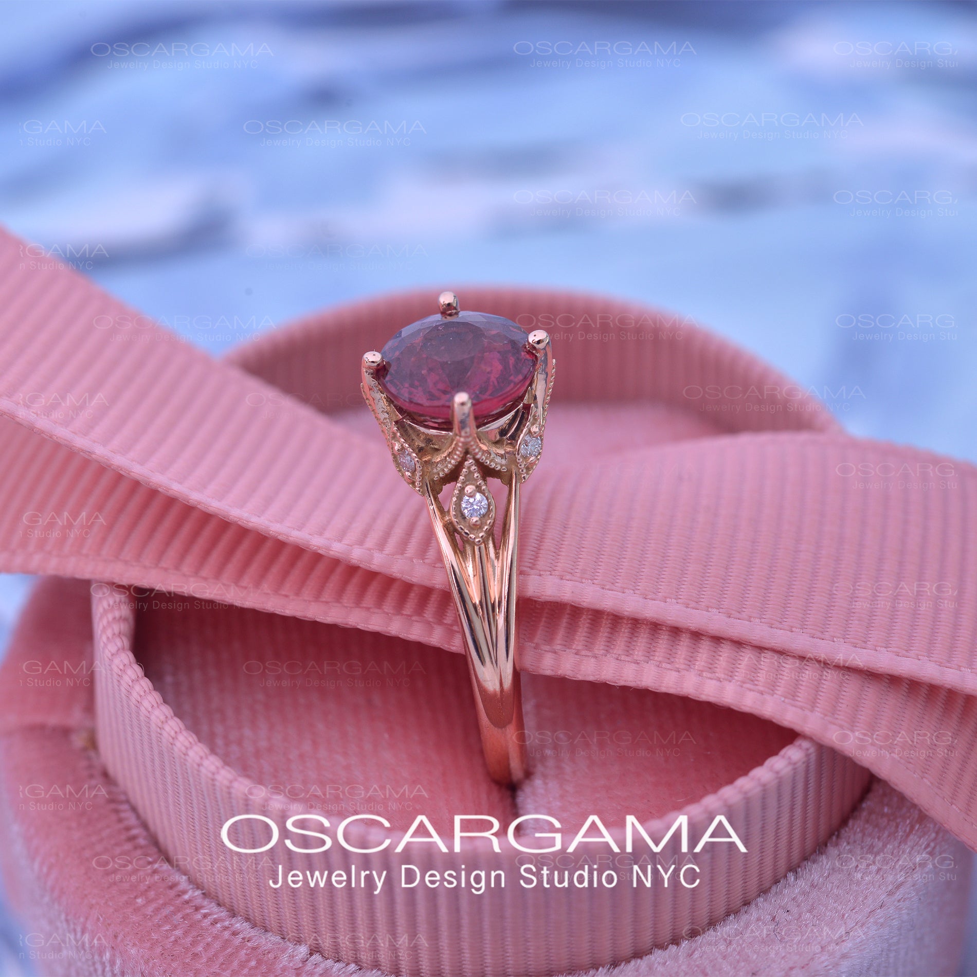 red garnet leaf vine engagement ring in rose gold