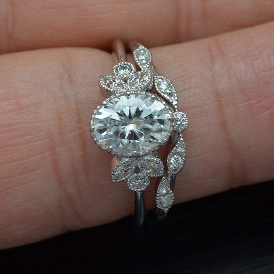 Oval Engagement Ring Vintage Inspired with marquises and wedding band