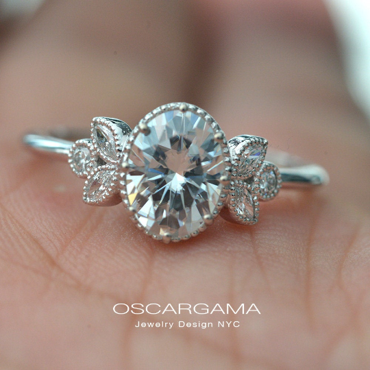 Oval Engagement Ring Vintage Inspired with marquises in White Gold