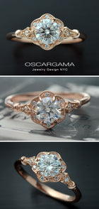 3 images of rose gold round halo flower engagement ring vintage style